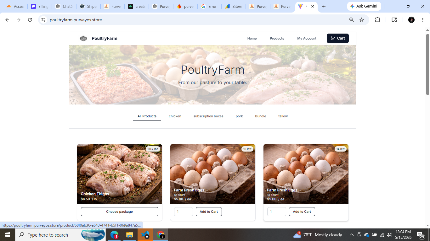 PurveyOS storefront showing exact package selection for online meat orders.